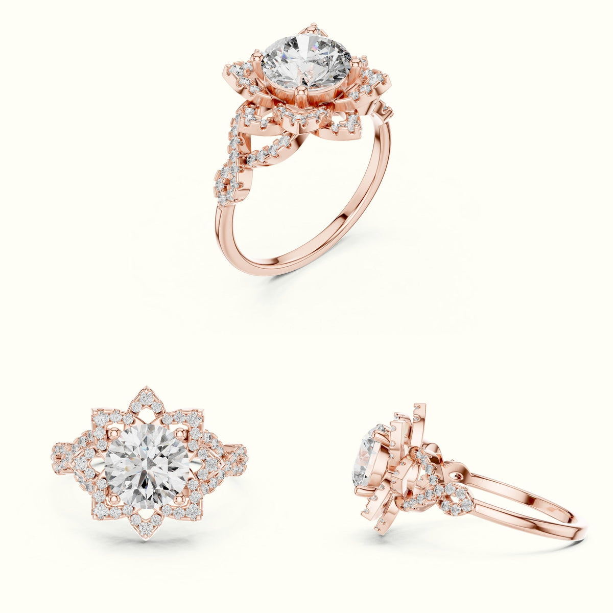 Round Floral Lab-Grown Diamond Ring — Rose gold, on the hand | Crystal N Cuts