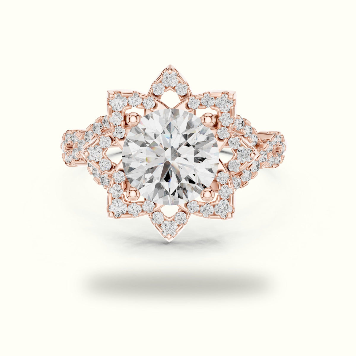 Round Floral Lab-Grown Diamond Ring — Rose gold, front view | Crystal N Cuts