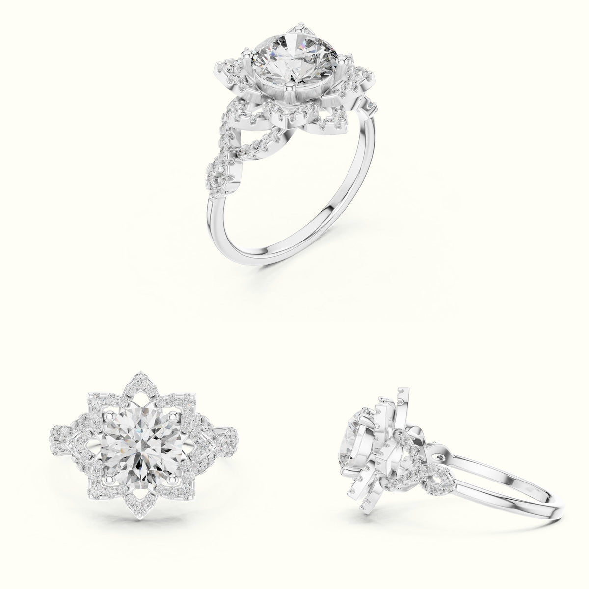 Round Floral Lab-Grown Diamond Ring — White gold, on the hand | Crystal N Cuts