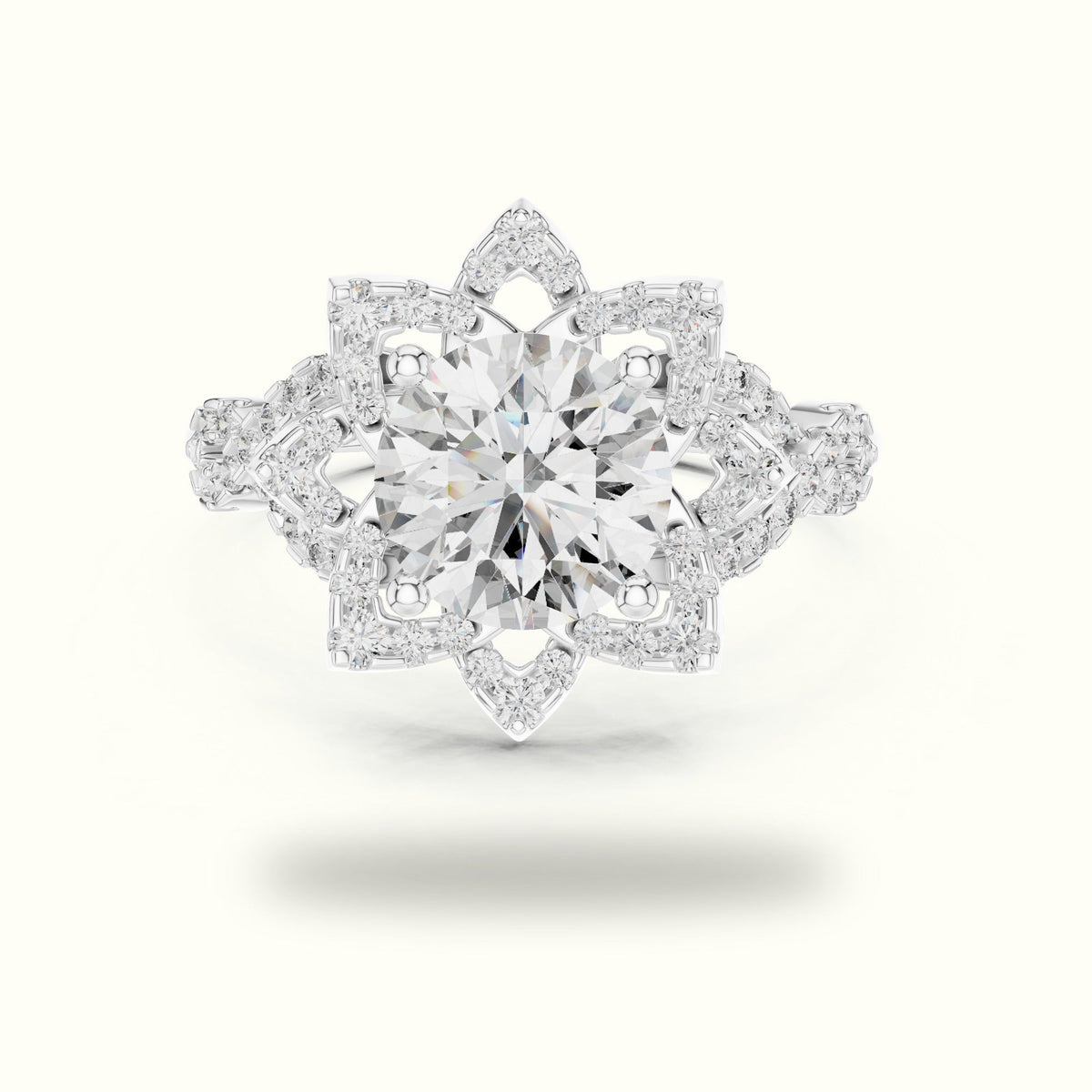 Round Floral Lab-Grown Diamond Ring — White gold, front view | Crystal N Cuts