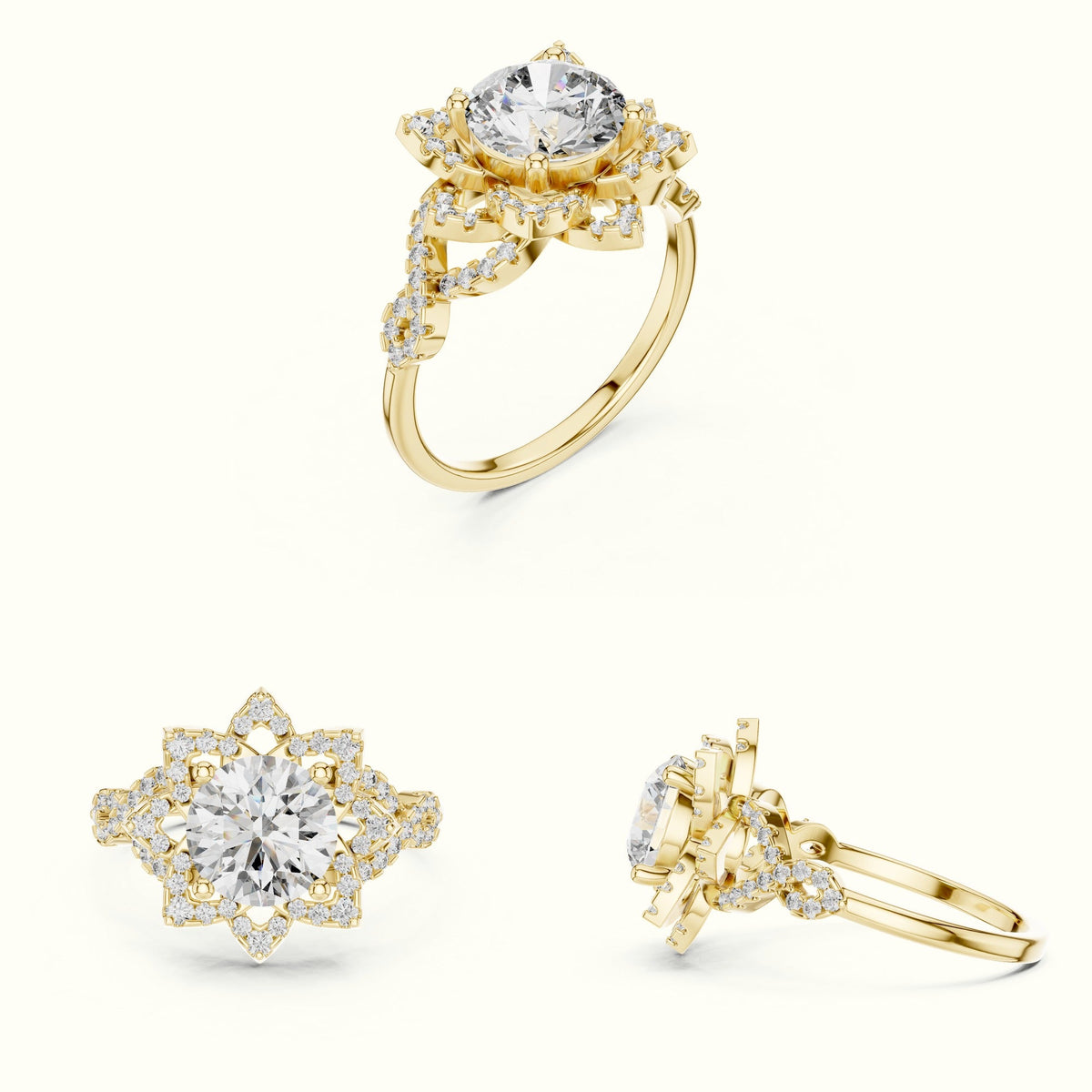 Round Floral Lab-Grown Diamond Ring — Yellow gold, on the hand | Crystal N Cuts
