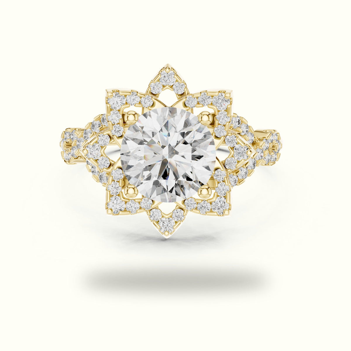 Round Floral Lab-Grown Diamond Ring — Yellow gold, front view | Crystal N Cuts