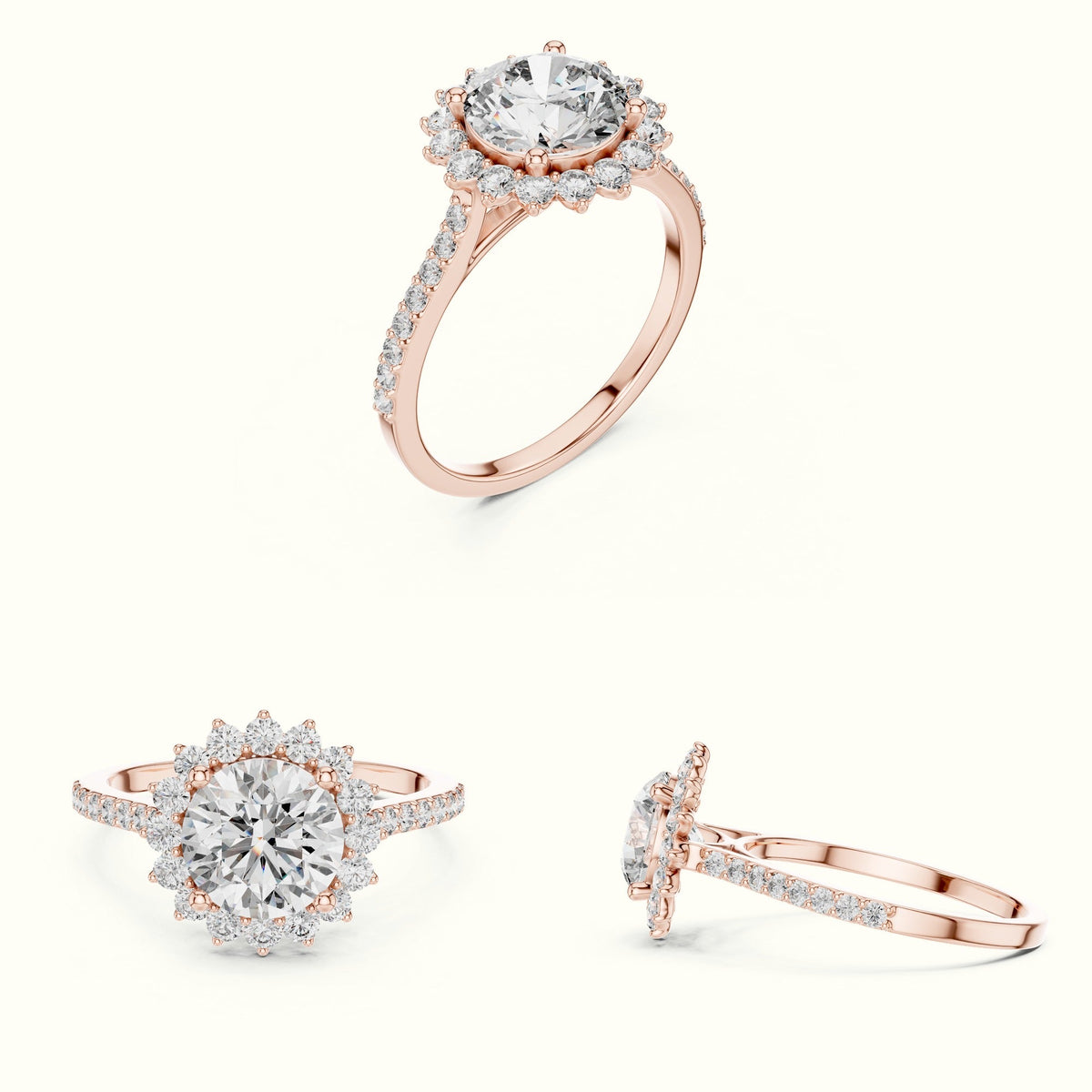 Round Floral Halo Lab-Grown Diamond Ring — Rose gold, on the hand | Crystal N Cuts