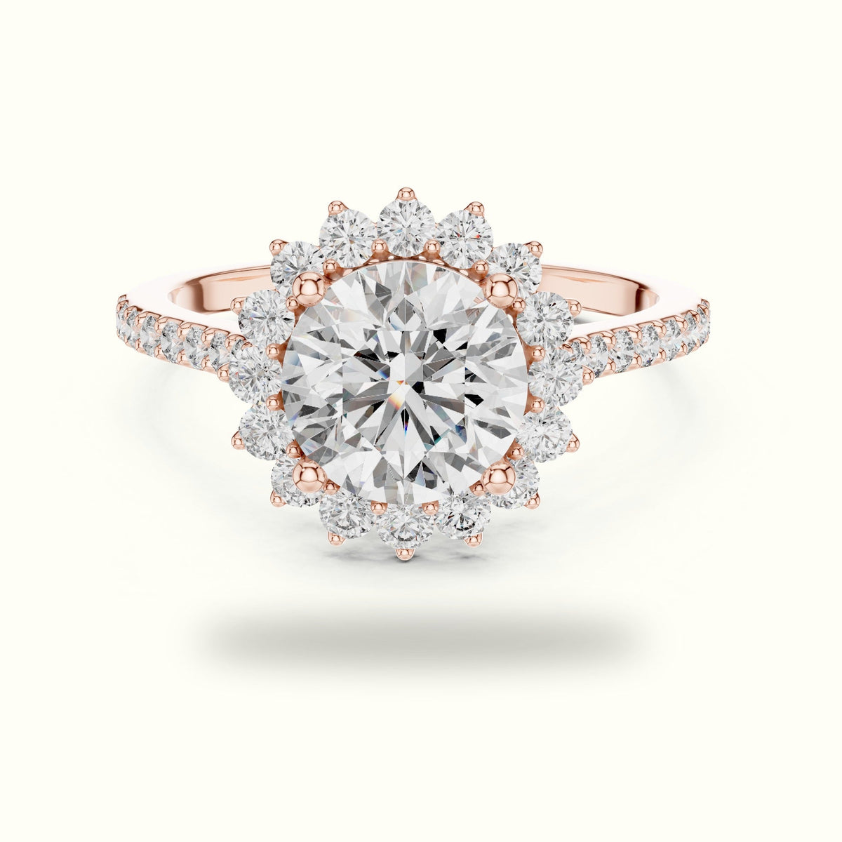 Round Floral Halo Lab-Grown Diamond Ring — Rose gold, front view | Crystal N Cuts