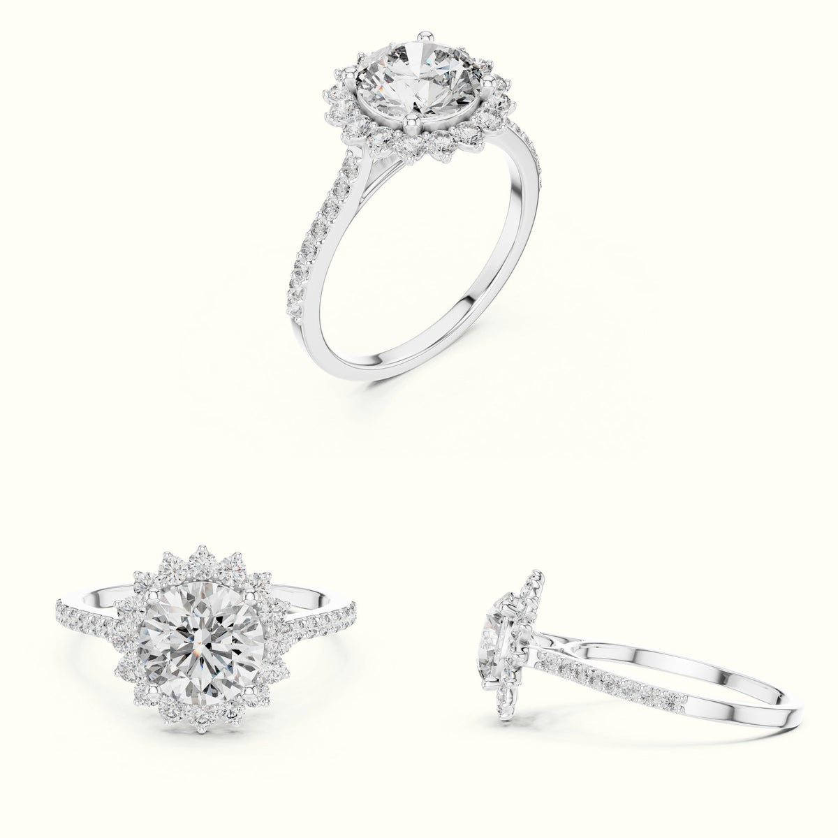 Round Floral Halo Lab-Grown Diamond Ring — White gold, on the hand | Crystal N Cuts
