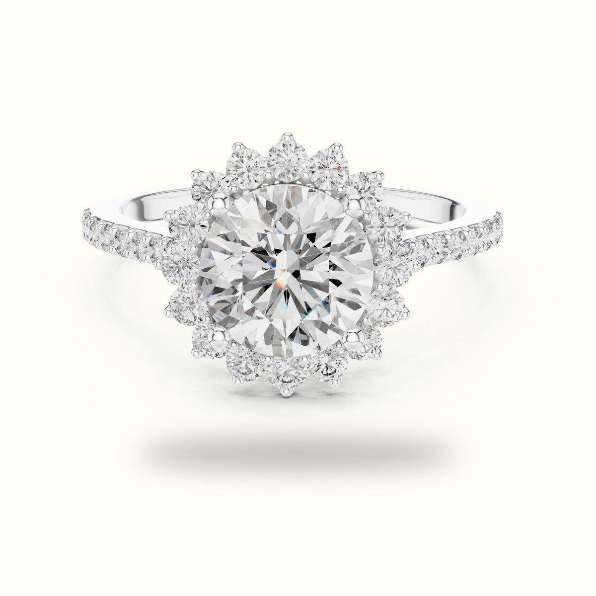 Round Floral Halo Lab-Grown Diamond Ring — White gold, front view | Crystal N Cuts