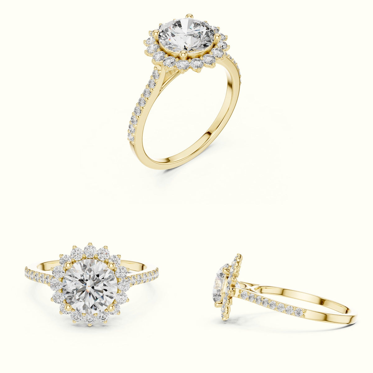 Round Floral Halo Lab-Grown Diamond Ring — Yellow gold, on the hand | Crystal N Cuts