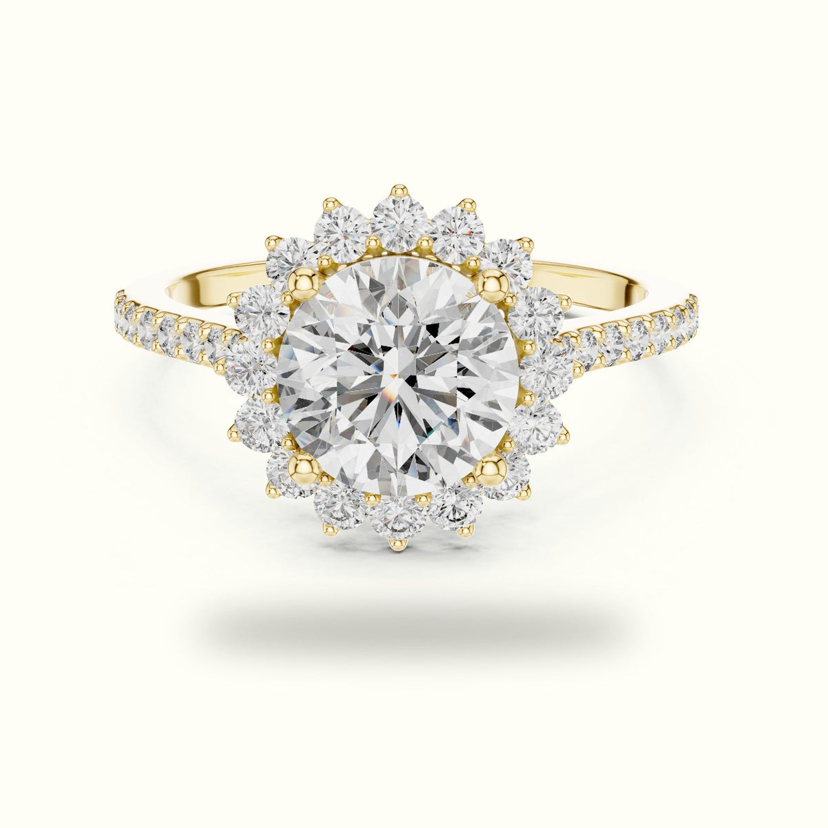 Round Floral Halo Lab-Grown Diamond Ring — Yellow gold, front view | Crystal N Cuts