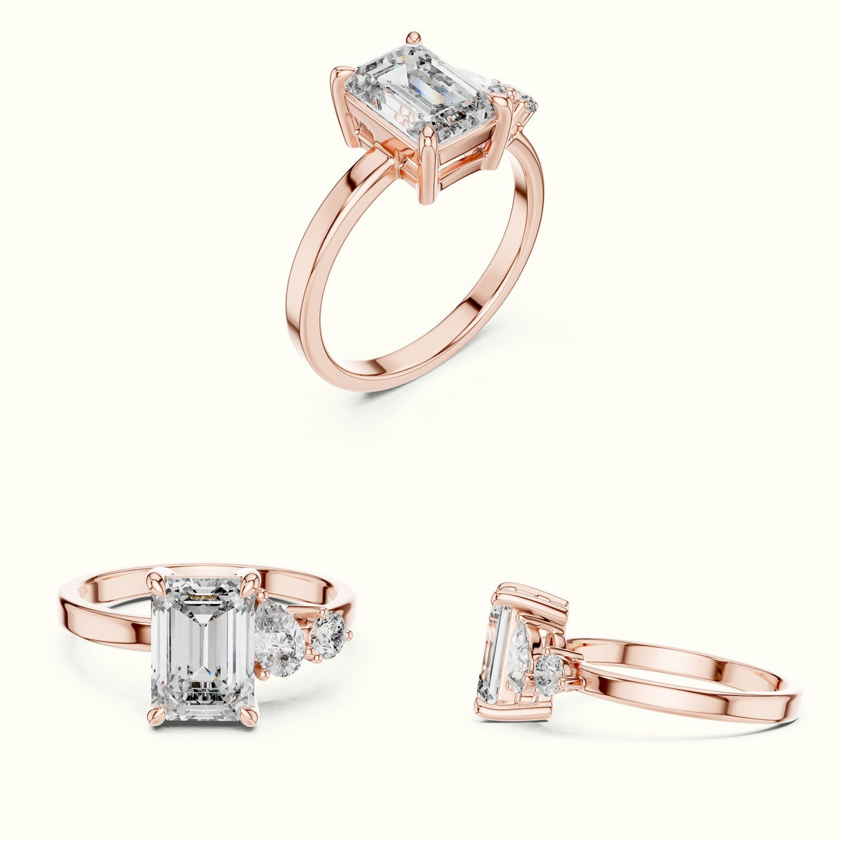 Emerald Side Stone Engagement Ring — Rose gold, on the hand | Crystal N Cuts