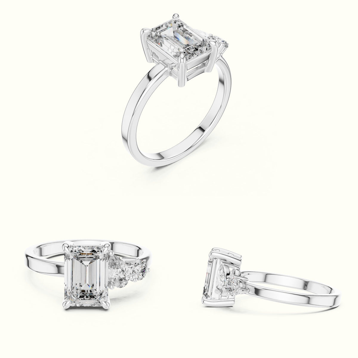 Emerald Side Stone Engagement Ring — White gold, on the hand | Crystal N Cuts