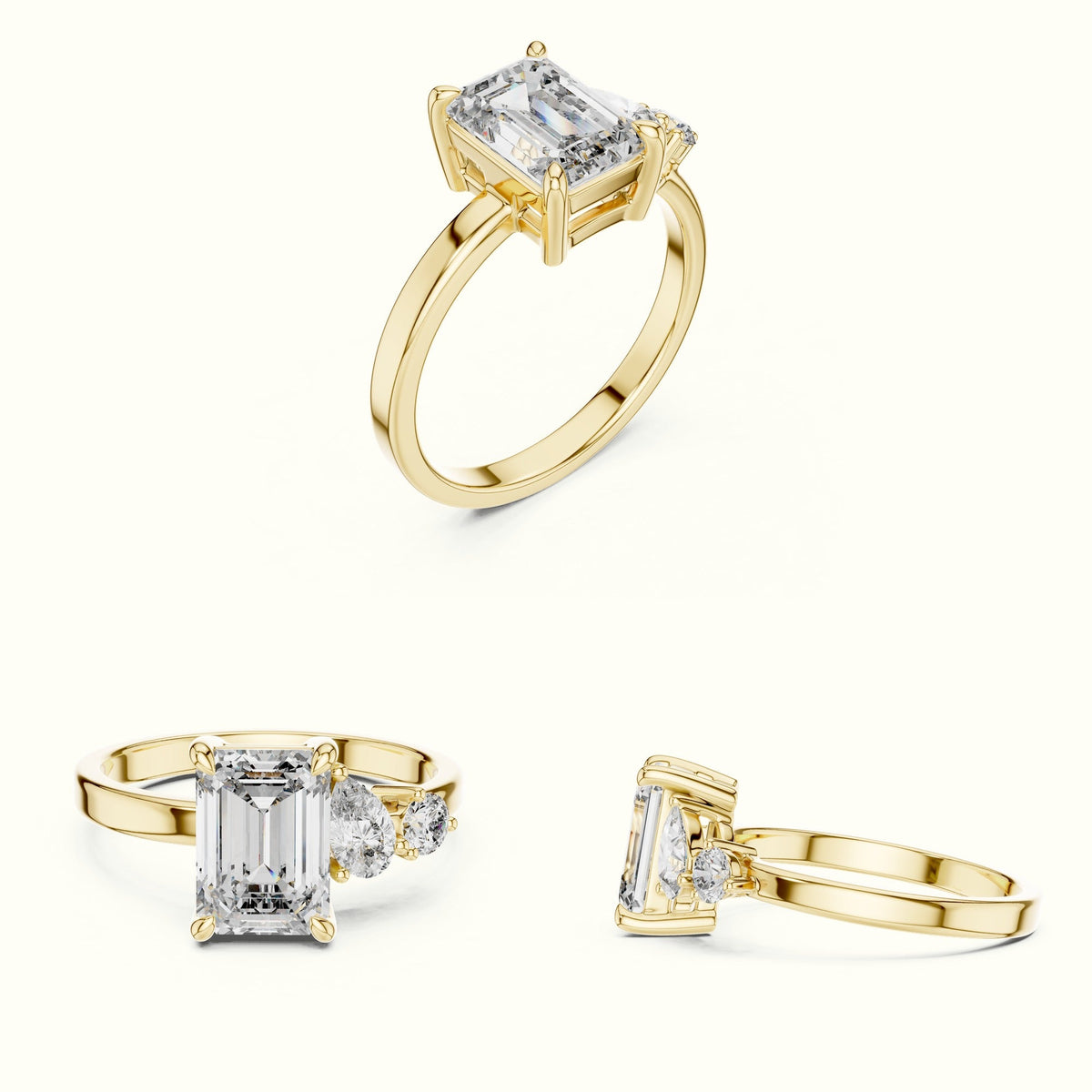 Emerald Side Stone Engagement Ring — Yellow gold, on the hand | Crystal N Cuts