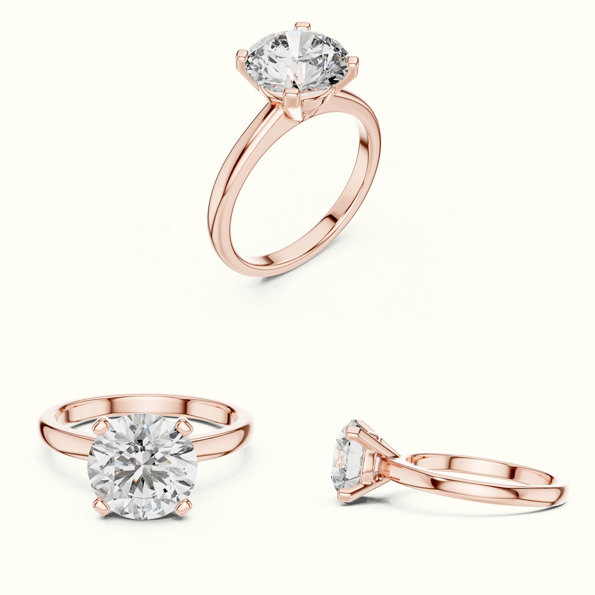 Four-Prong Round Peg Head Lab-Grown Diamond Solitaire Ring — Rose gold, on the hand | Crystal N Cuts