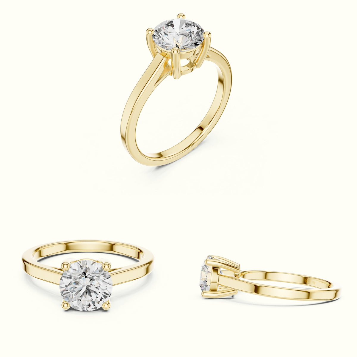 Round Cathedral Solitaire Basket Lab-Grown Diamond Ring — Yellow gold, on the hand | Crystal N Cuts