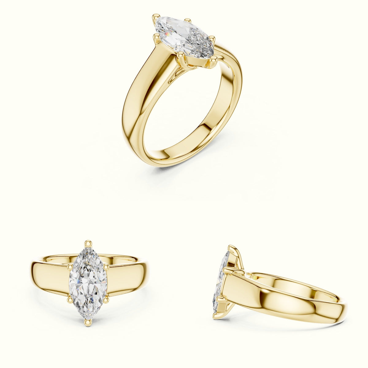 Marquise Cathedral Solitaire Lab-Grown Diamond Ring — Yellow gold, on the hand | Crystal N Cuts