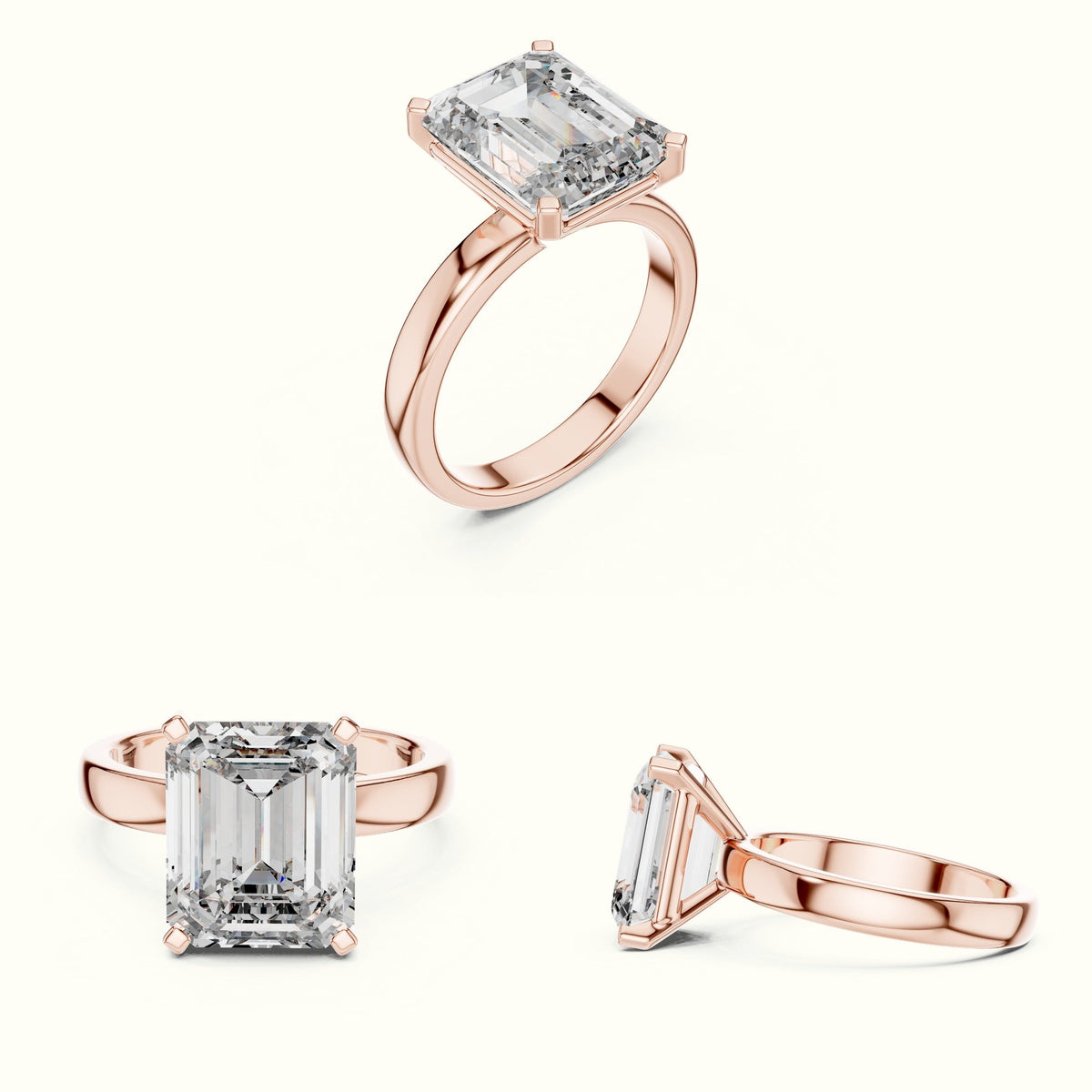 Four-Prong Emerald Peg Head Lab-Grown Diamond Solitaire Ring — Rose gold, on the hand | Crystal N Cuts