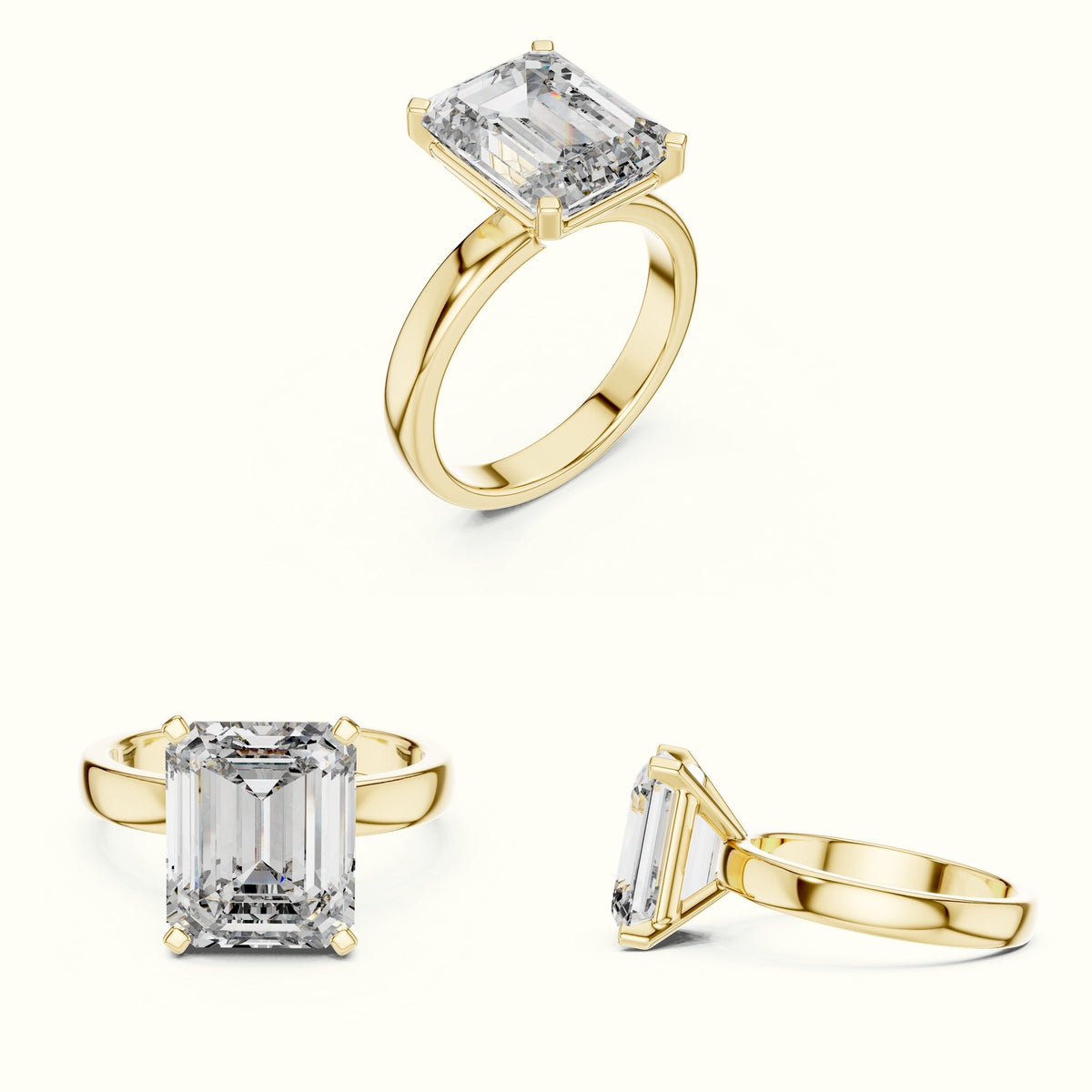 Four-Prong Emerald Peg Head Lab-Grown Diamond Solitaire Ring — Yellow gold, on the hand | Crystal N Cuts