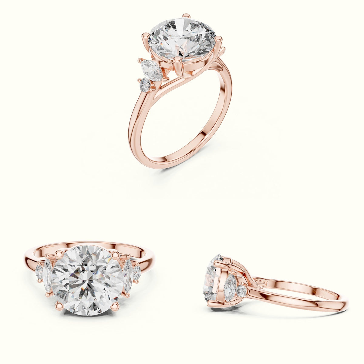 Round Cathedral Lab-Grown Diamond Solitaire with Accents Ring — Rose gold, on the hand | Crystal N Cuts