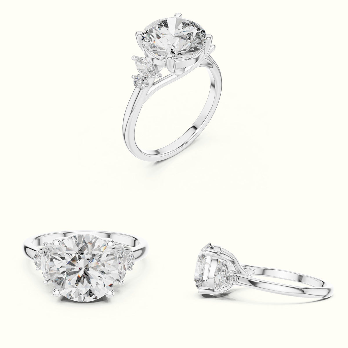 Round Cathedral Lab-Grown Diamond Solitaire with Accents Ring — White gold, on the hand | Crystal N Cuts