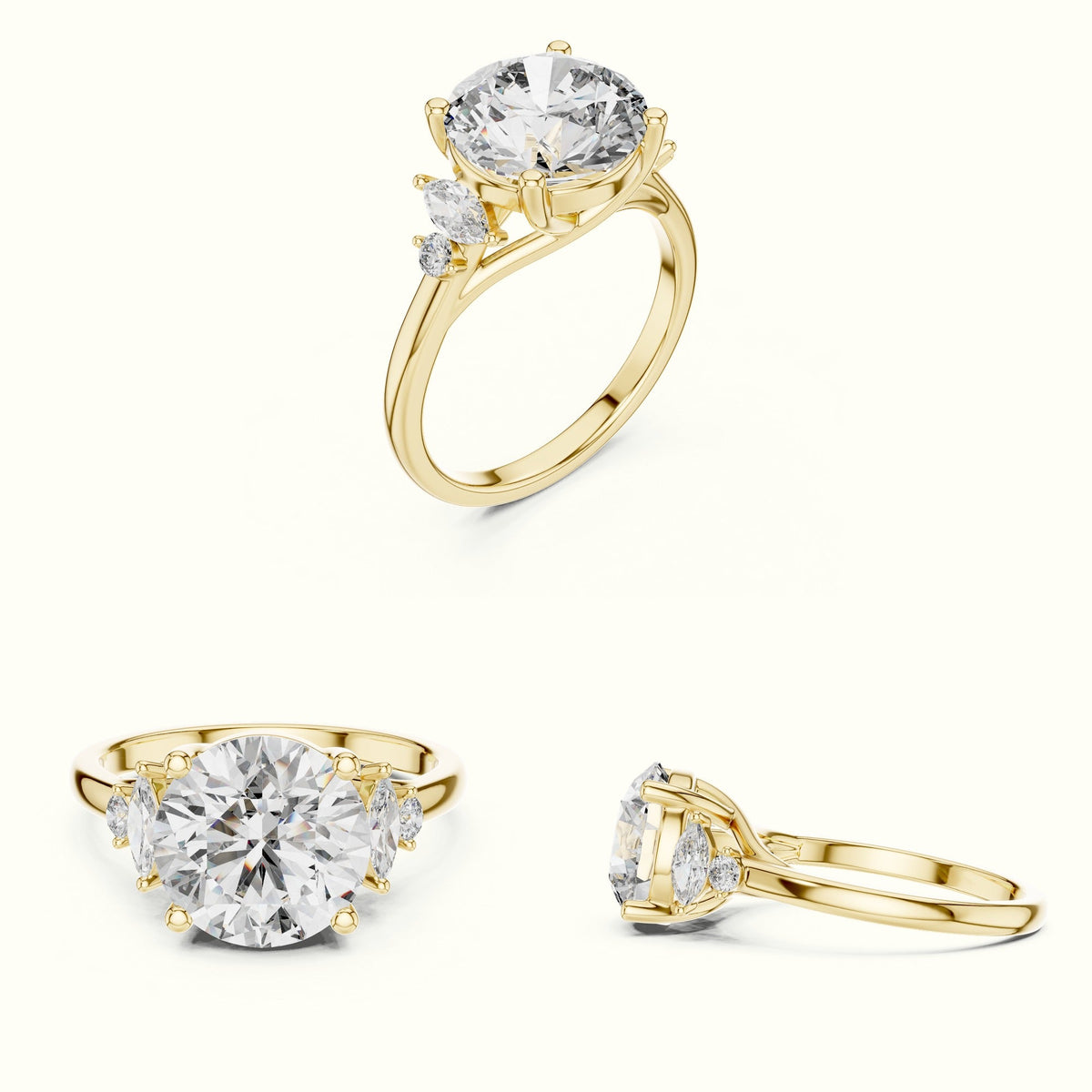 Round Cathedral Lab-Grown Diamond Solitaire with Accents Ring — Yellow gold, on the hand | Crystal N Cuts