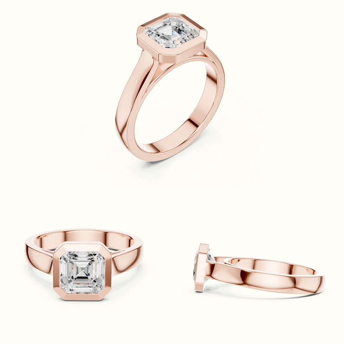 Bezel Head Asscher Cut Lab-Grown Diamond Solitaire Ring — Rose gold, on the hand | Crystal N Cuts