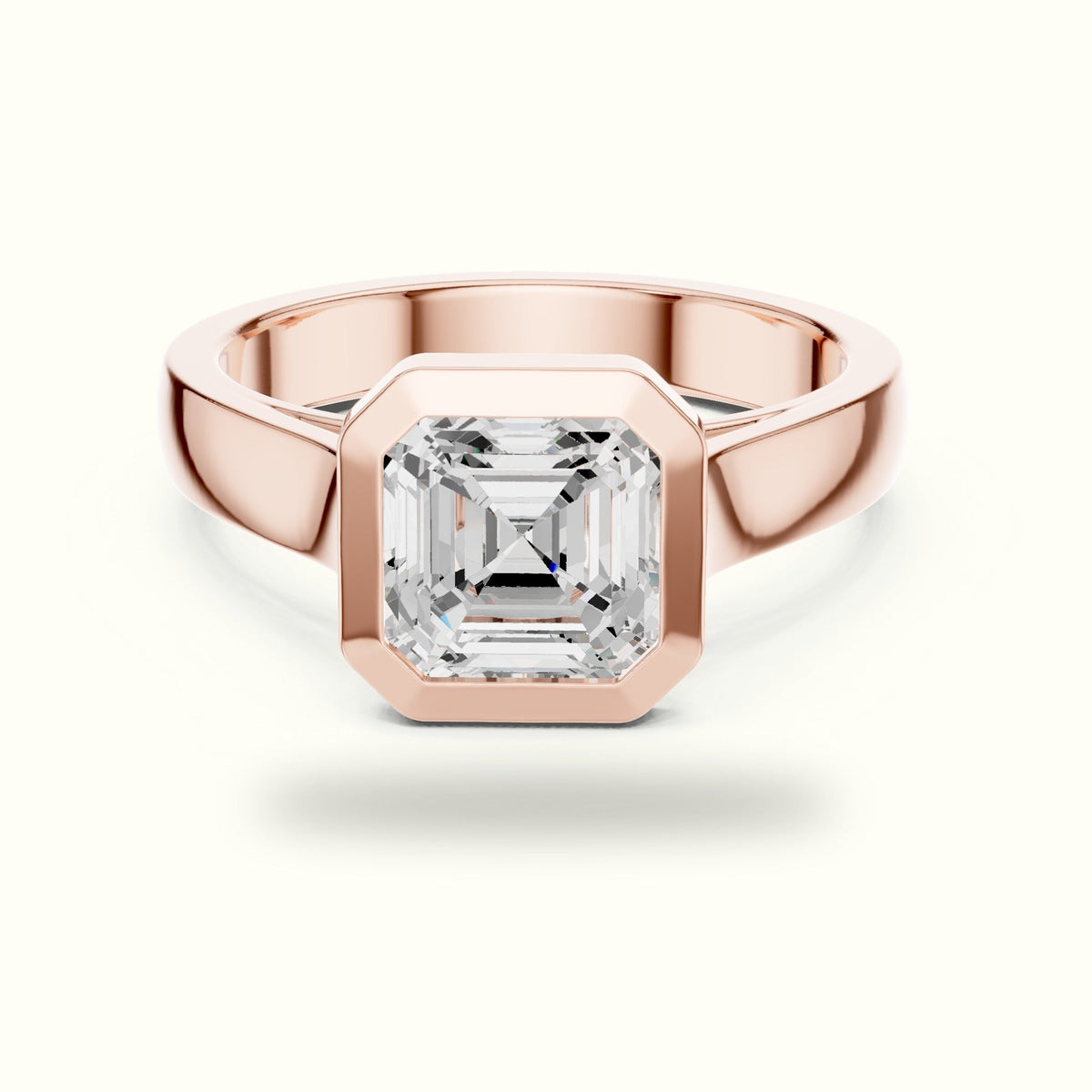 Bezel Head Asscher Cut Lab-Grown Diamond Solitaire Ring — Rose gold, front view | Crystal N Cuts