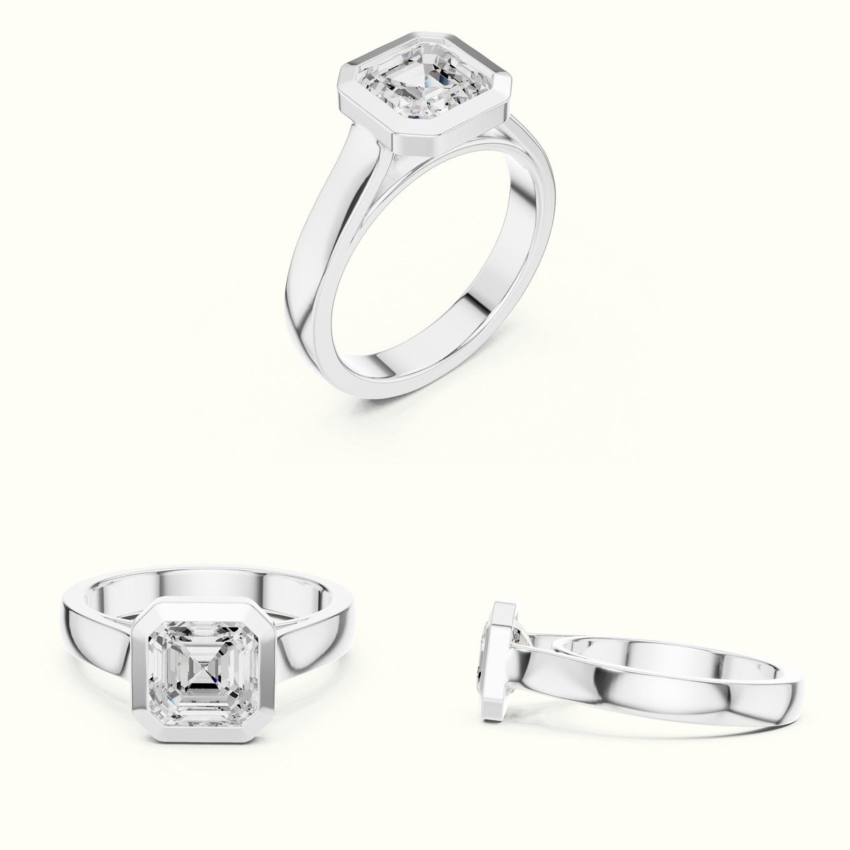 Bezel Head Asscher Cut Lab-Grown Diamond Solitaire Ring — White gold, on the hand | Crystal N Cuts