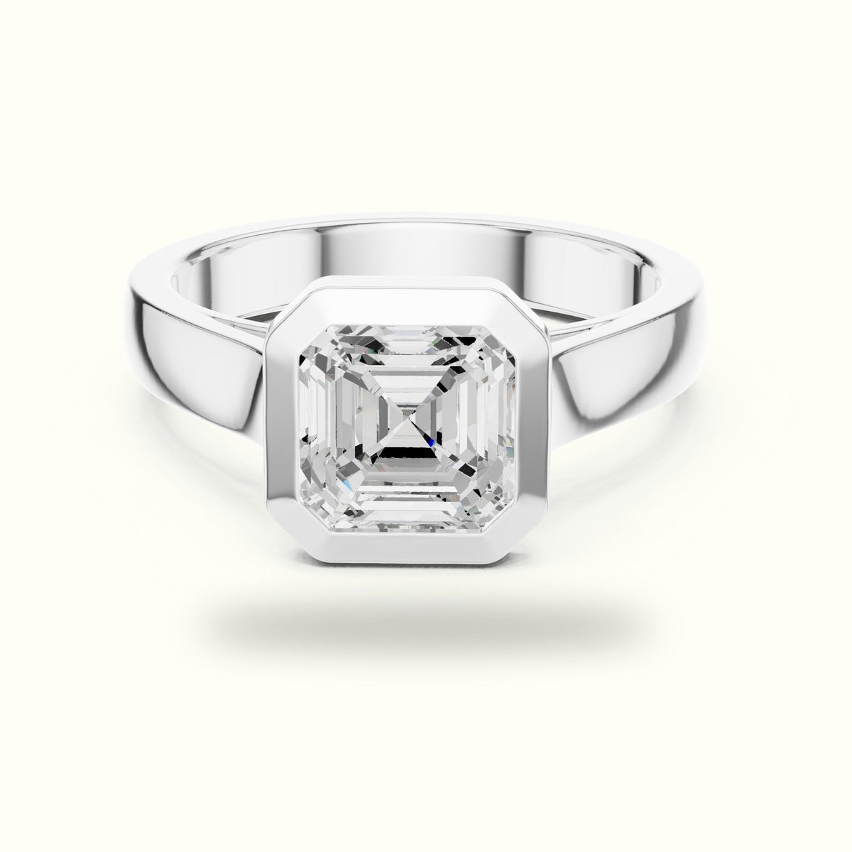 Bezel Head Asscher Cut Lab-Grown Diamond Solitaire Ring — White gold, front view | Crystal N Cuts