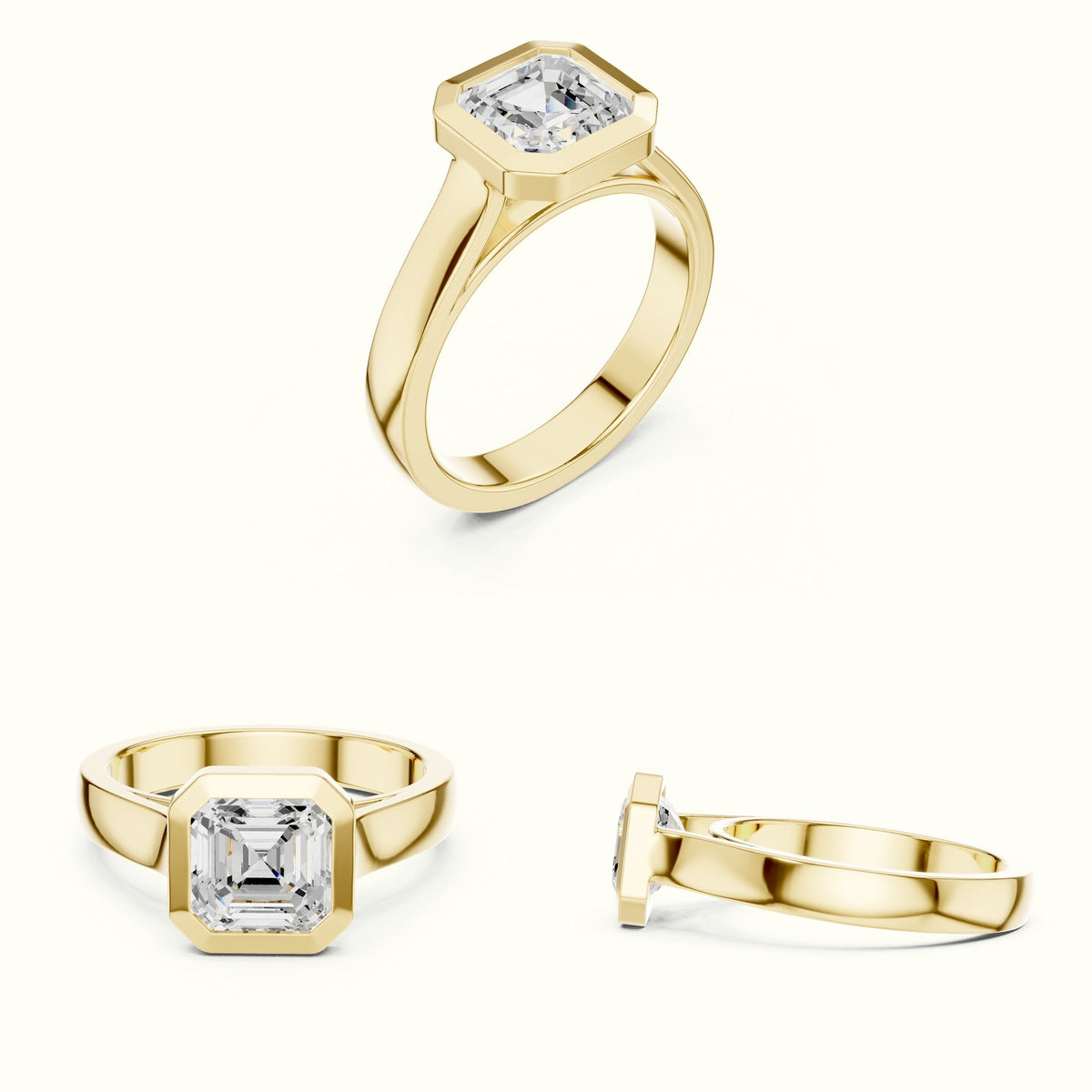 Bezel Head Asscher Cut Lab-Grown Diamond Solitaire Ring — Yellow gold, on the hand | Crystal N Cuts