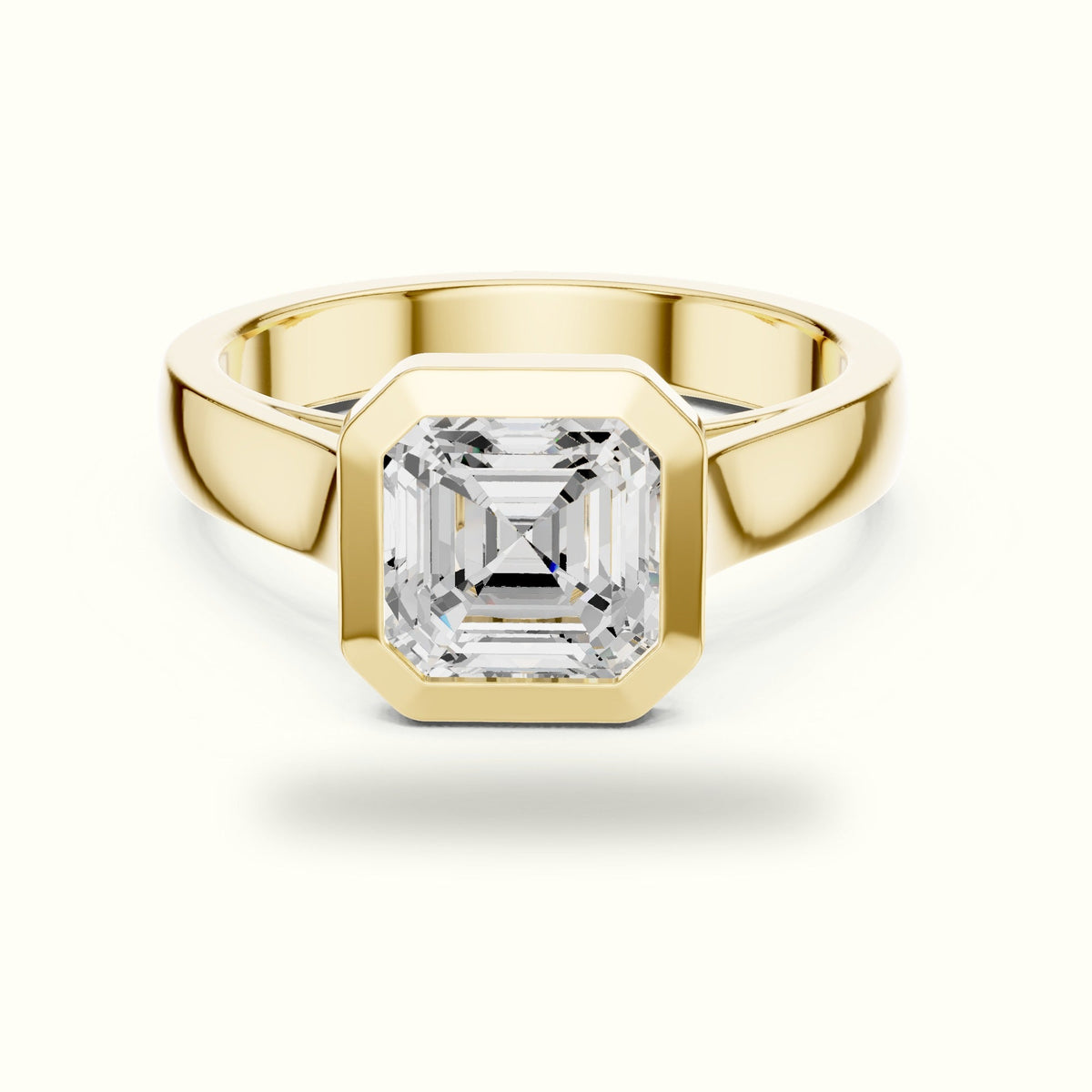 Bezel Head Asscher Cut Lab-Grown Diamond Solitaire Ring — Yellow gold, front view | Crystal N Cuts