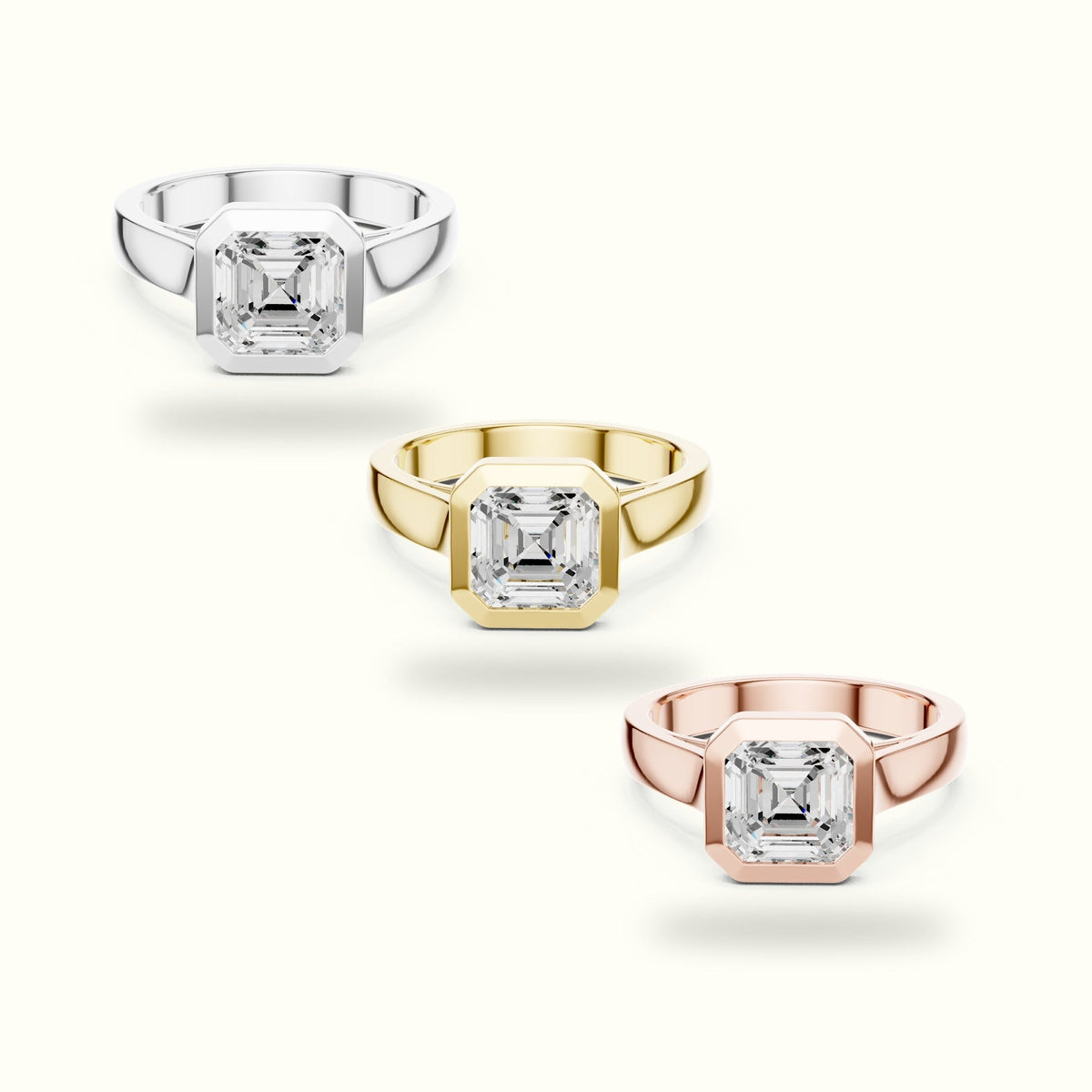 Bezel Head Asscher Cut Lab-Grown Diamond Solitaire Ring — White gold, front view | Crystal N Cuts