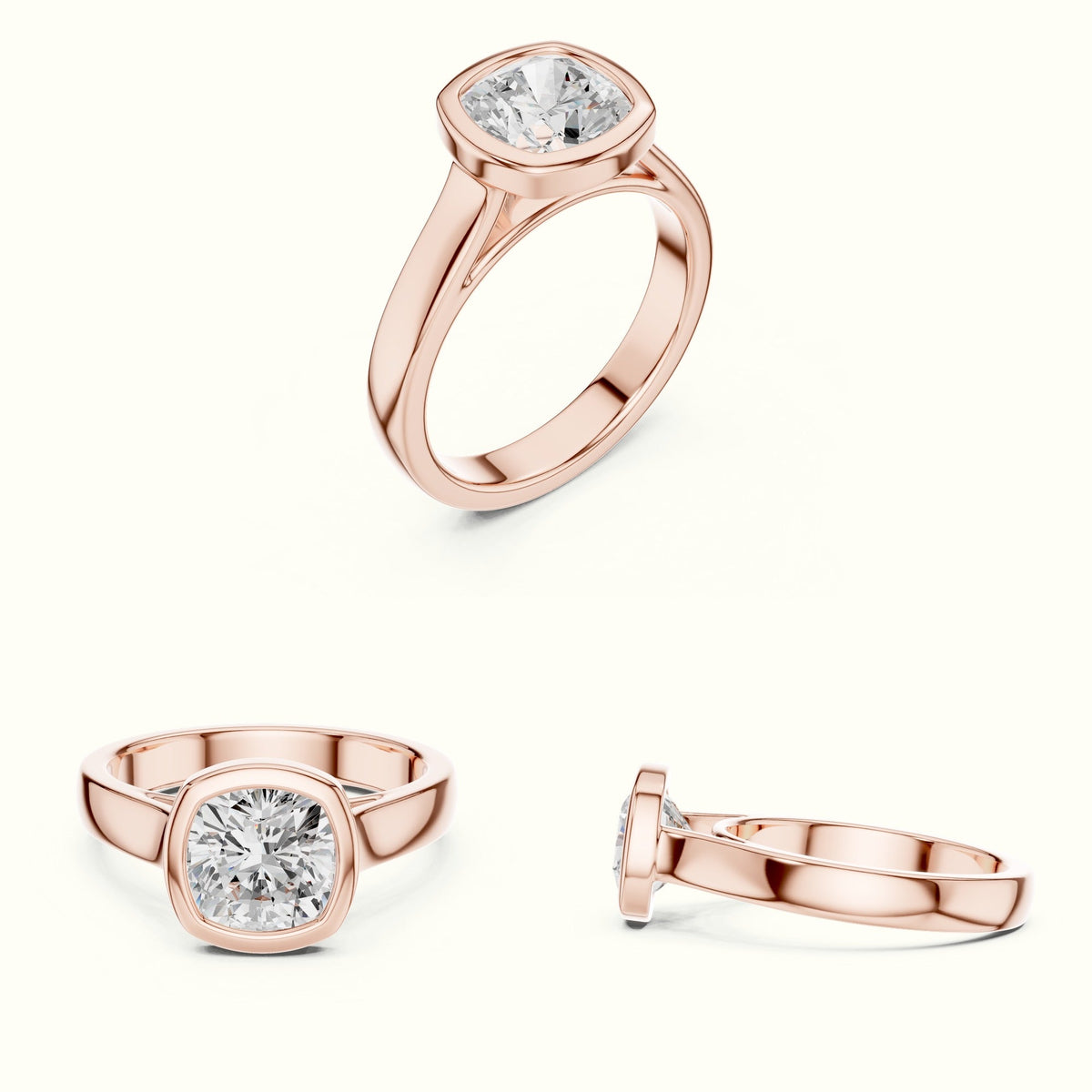 Bezel Head Cushion Lab-Grown Diamond Solitaire Ring — Rose gold, on the hand | Crystal N Cuts