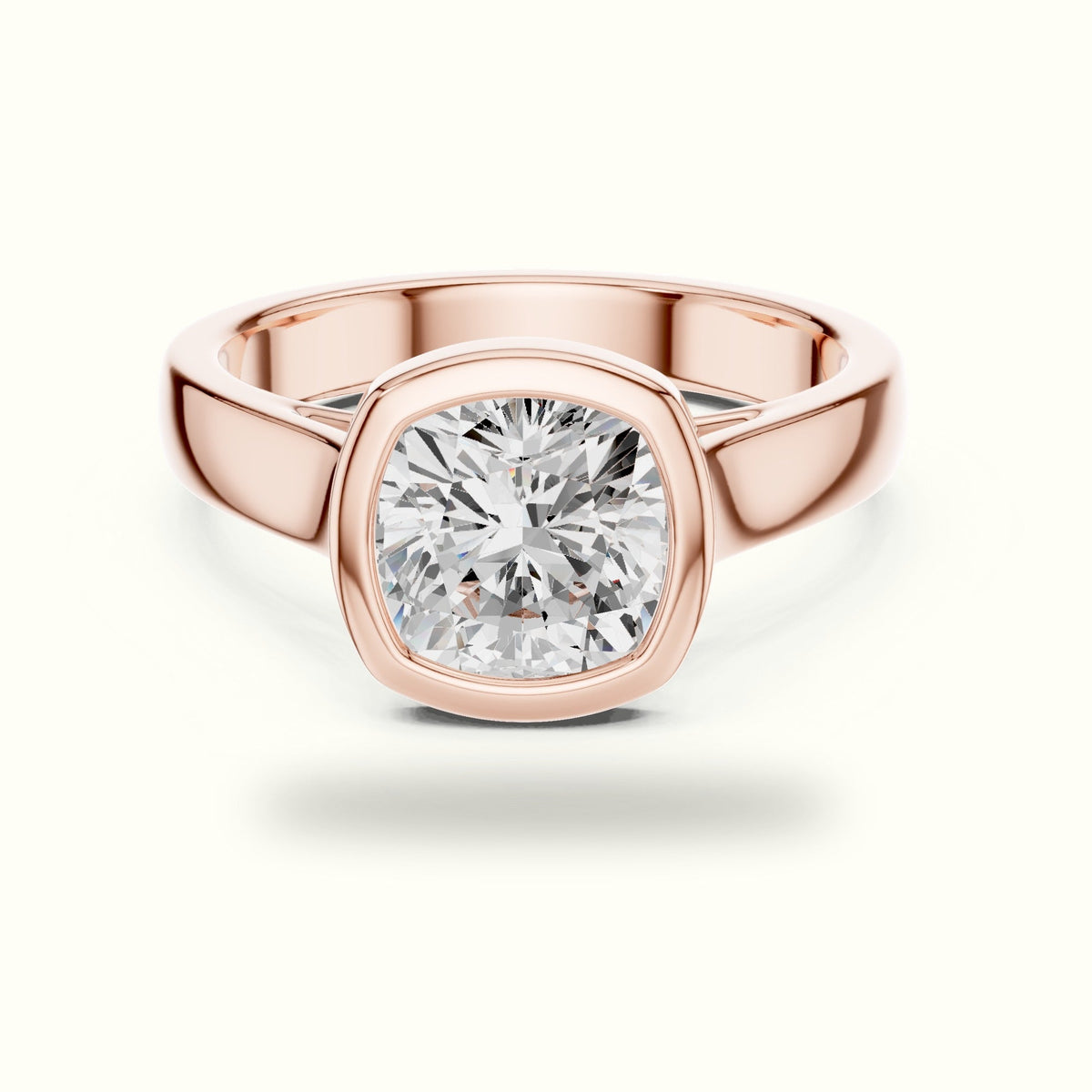 Bezel Head Cushion Lab-Grown Diamond Solitaire Ring — Rose gold, front view | Crystal N Cuts