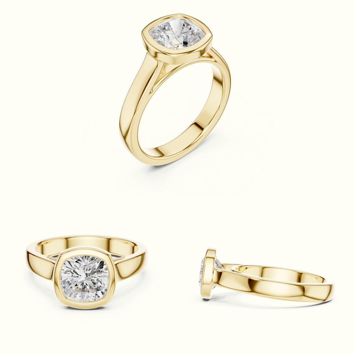 Bezel Head Cushion Lab-Grown Diamond Solitaire Ring — Yellow gold, on the hand | Crystal N Cuts
