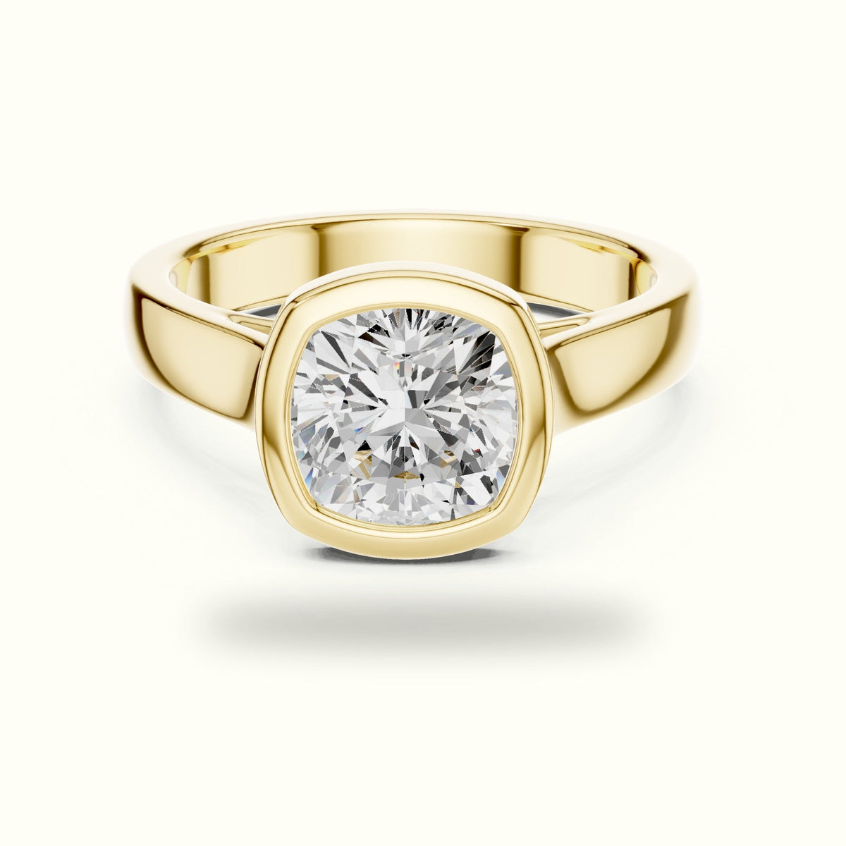 Bezel Head Cushion Lab-Grown Diamond Solitaire Ring — Yellow gold, front view | Crystal N Cuts