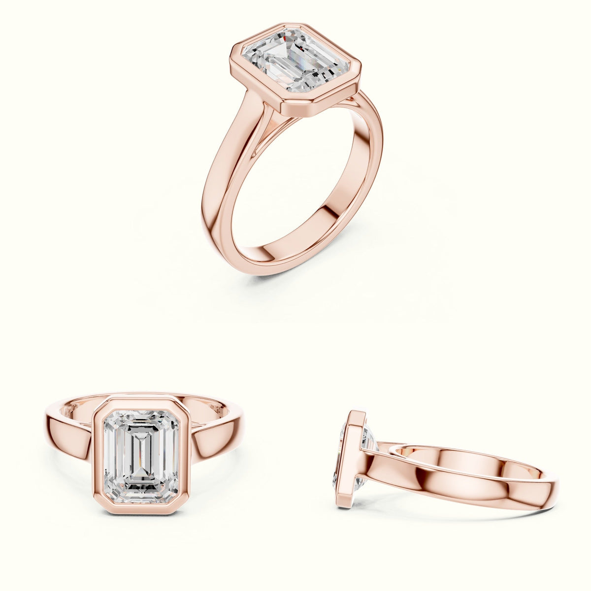 Emerald Bezel Lab-Grown Diamond Solitaire Ring — Rose gold, on the hand | Crystal N Cuts