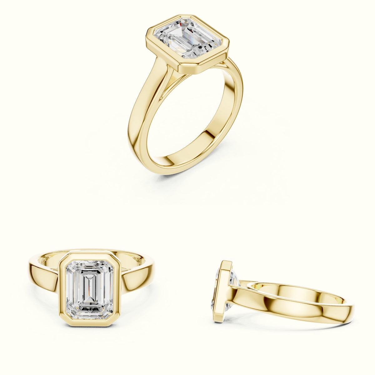 Emerald Bezel Lab-Grown Diamond Solitaire Ring — Yellow gold, on the hand | Crystal N Cuts