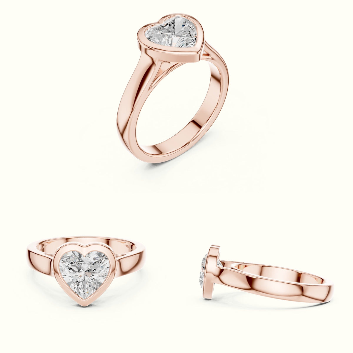 Bezel Solitaire Heart Lab-Grown Diamond Ring — Rose gold, on the hand | Crystal N Cuts