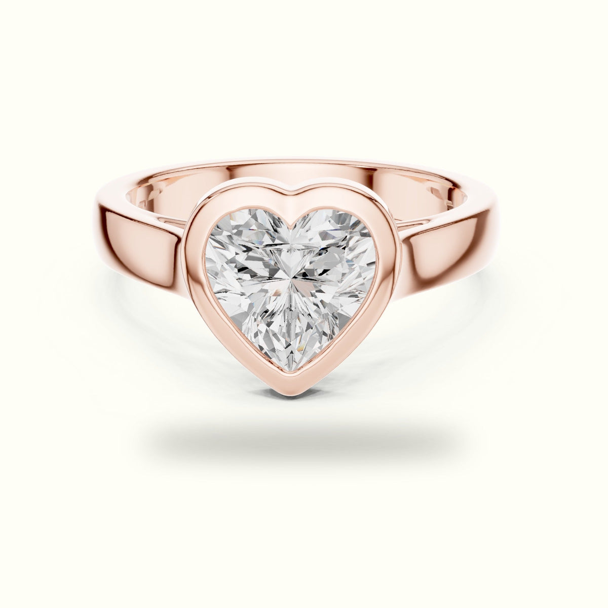 Bezel Solitaire Heart Lab-Grown Diamond Ring — Rose gold, front view | Crystal N Cuts