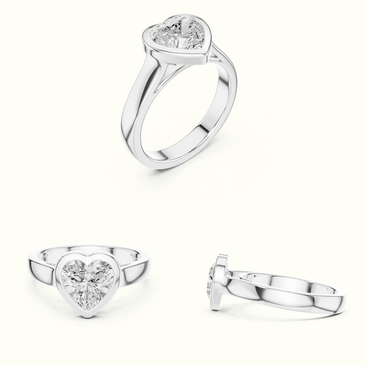 Bezel Solitaire Heart Lab-Grown Diamond Ring — White gold, on the hand | Crystal N Cuts