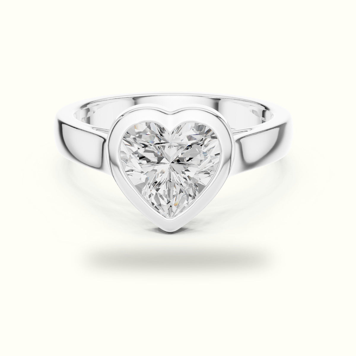 Bezel Solitaire Heart Lab-Grown Diamond Ring — White gold, front view | Crystal N Cuts