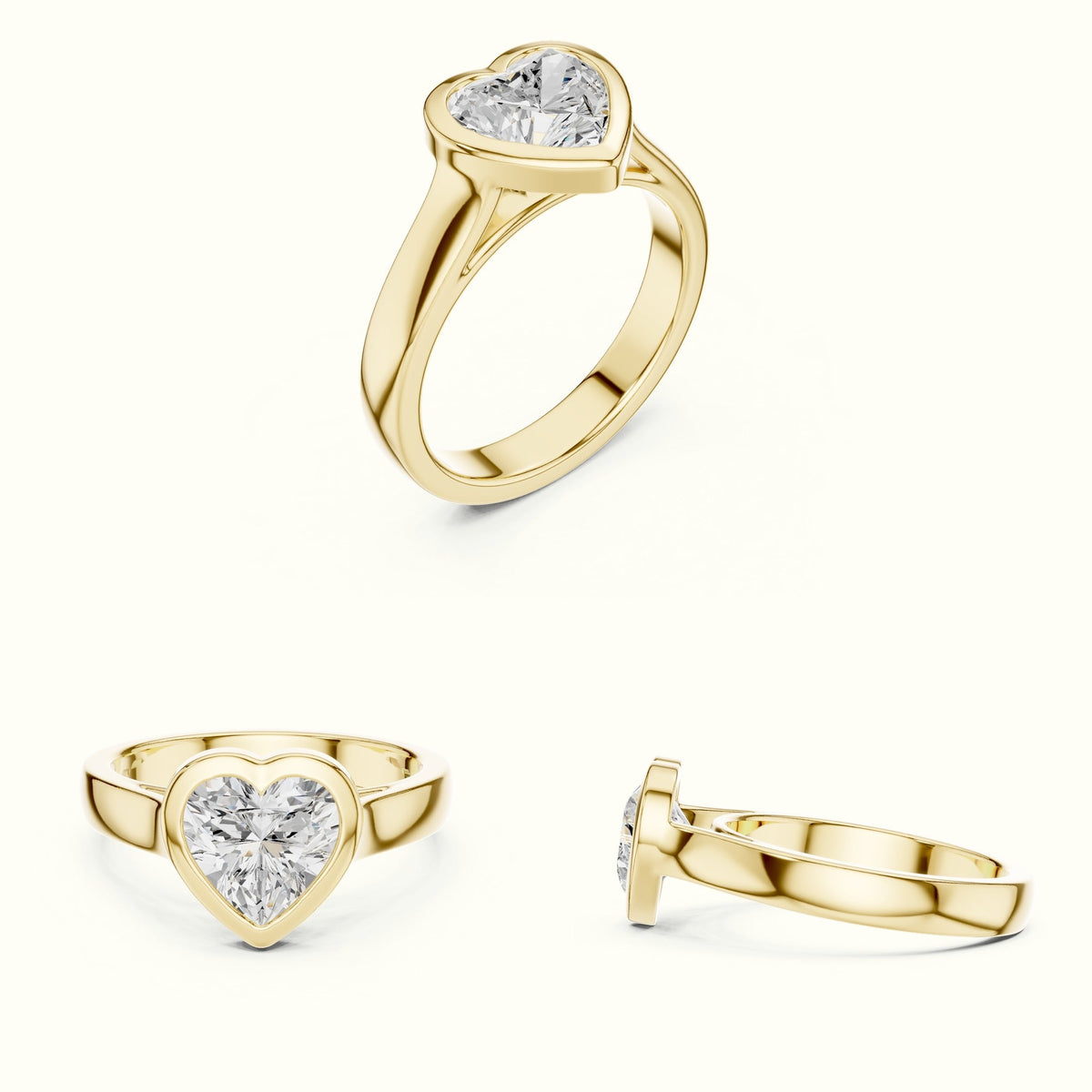 Bezel Solitaire Heart Lab-Grown Diamond Ring — Yellow gold, on the hand | Crystal N Cuts
