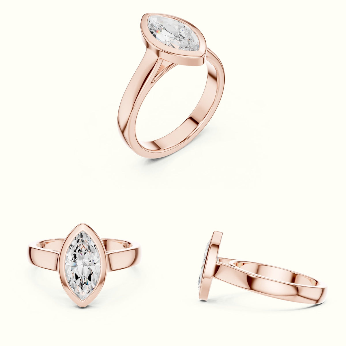 Marquise Solitaire Bezel Set Lab-Grown Diamond Ring — Rose gold, on the hand | Crystal N Cuts