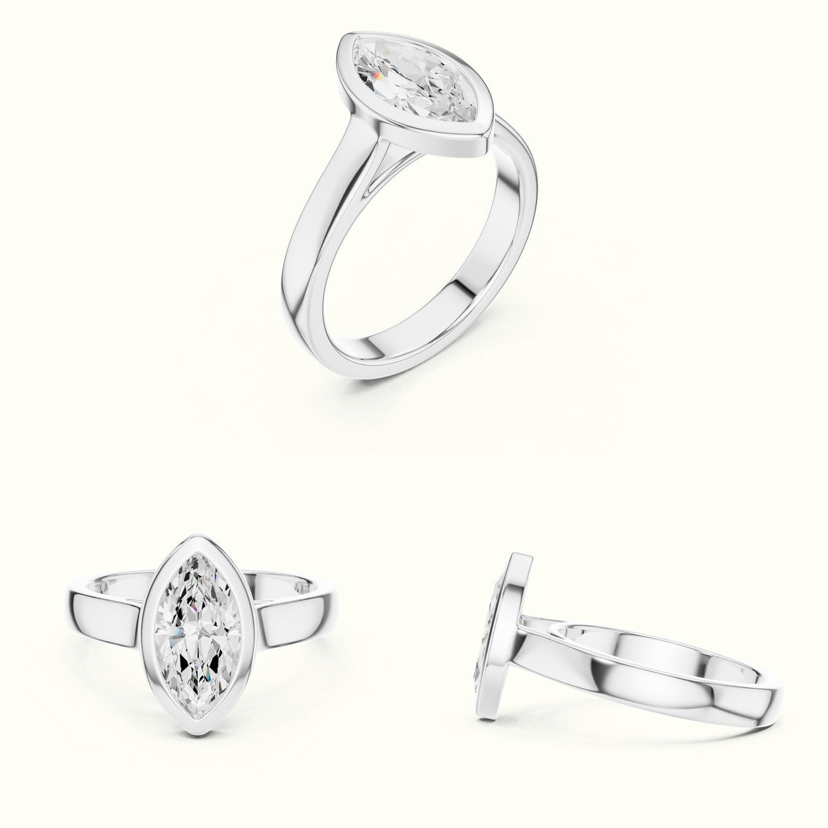 Marquise Solitaire Bezel Set Lab-Grown Diamond Ring — White gold, on the hand | Crystal N Cuts
