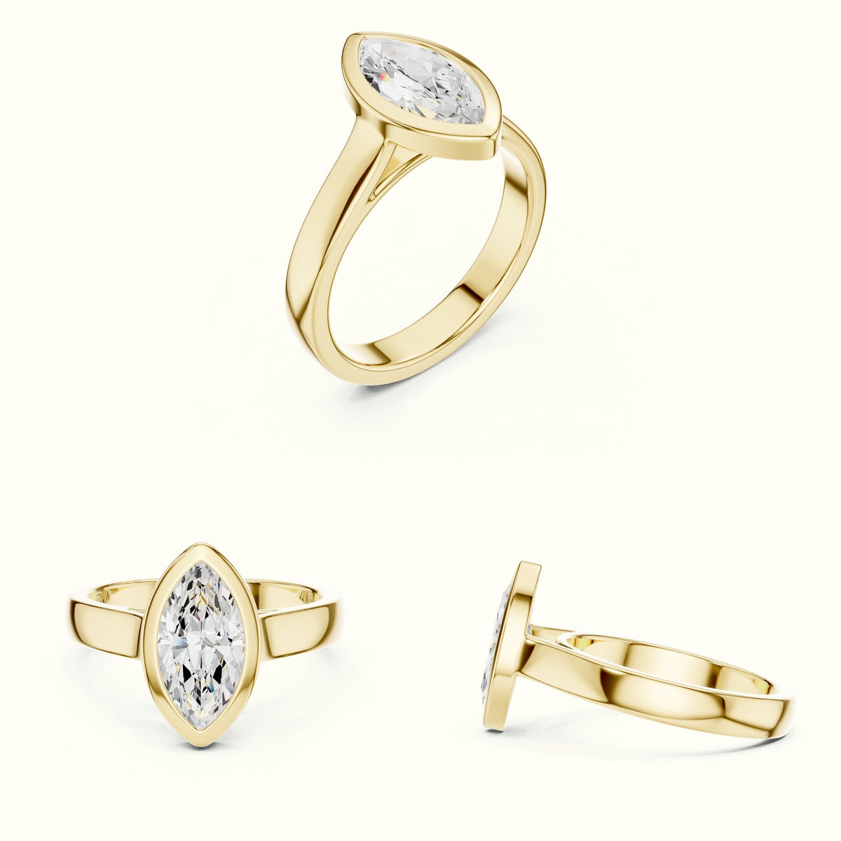 Marquise Solitaire Bezel Set Lab-Grown Diamond Ring — Yellow gold, on the hand | Crystal N Cuts