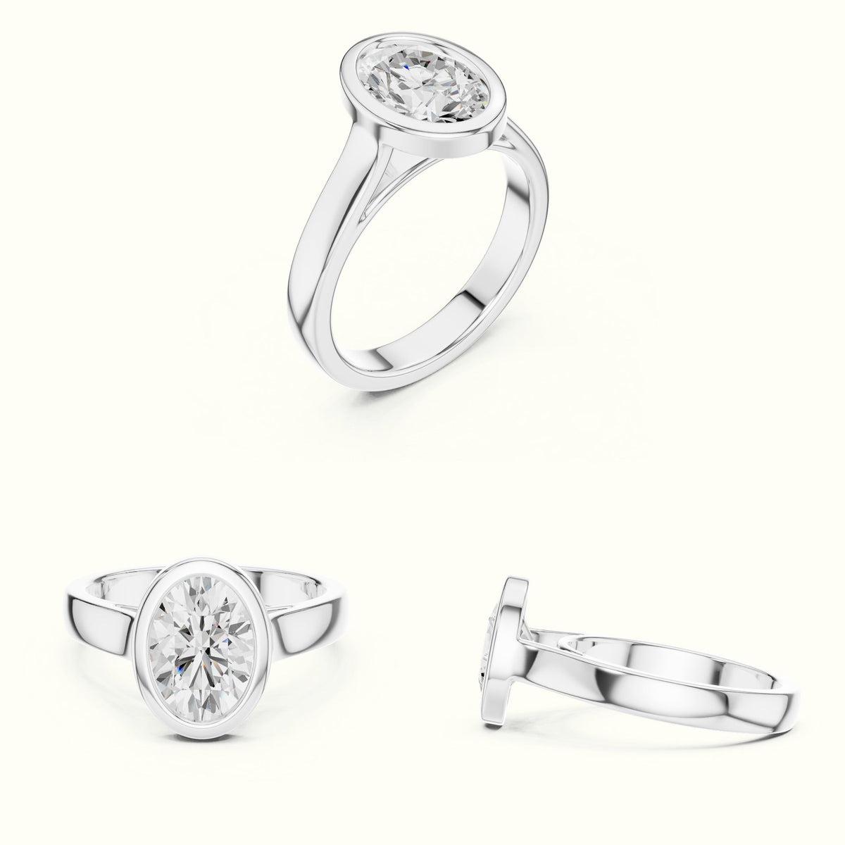 Oval Cathedral Bezel Lab-Grown Diamond Solitaire Ring — White gold, on the hand | Crystal N Cuts