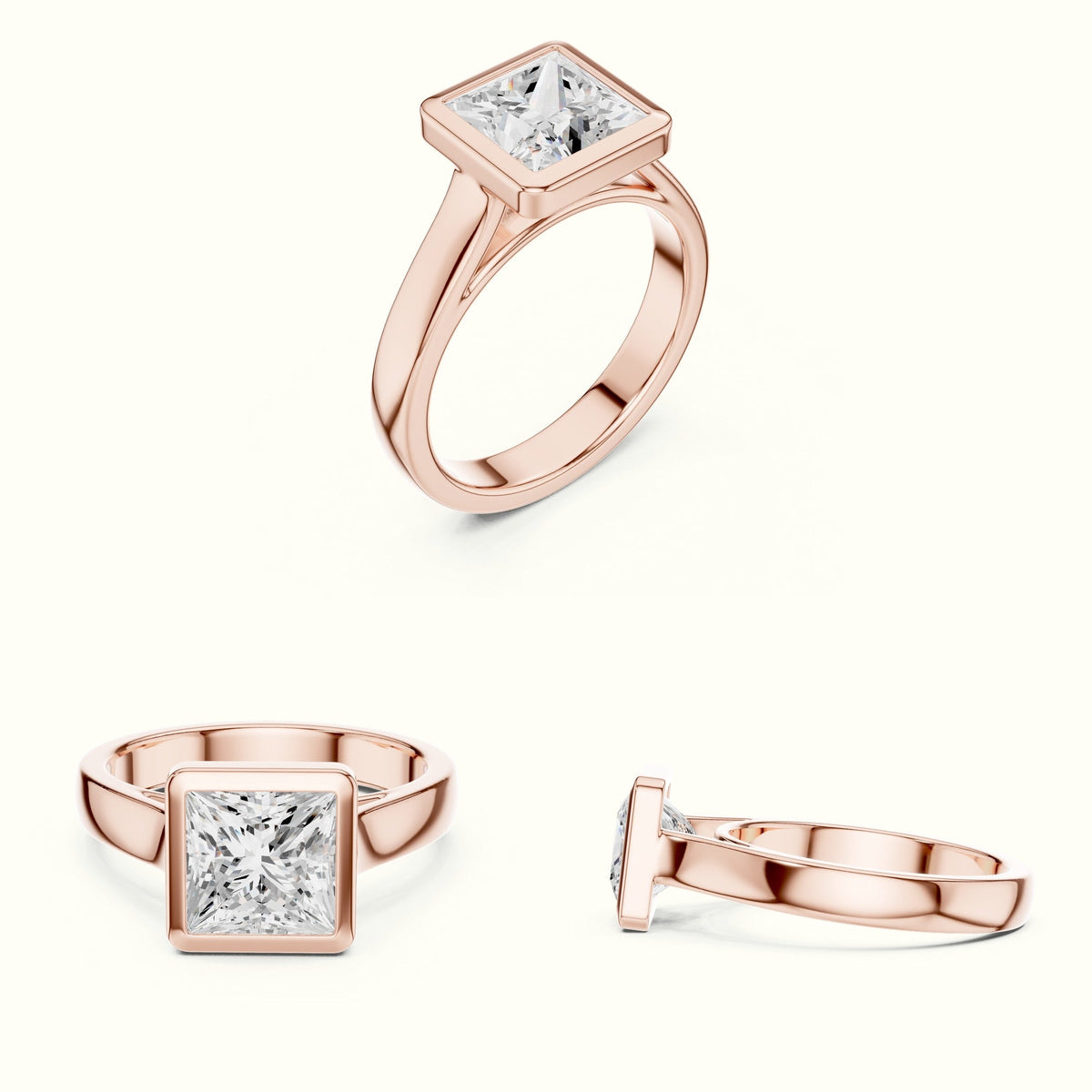 Princess Bezel Solitaire Lab-Grown Diamond Ring — Rose gold, on the hand | Crystal N Cuts