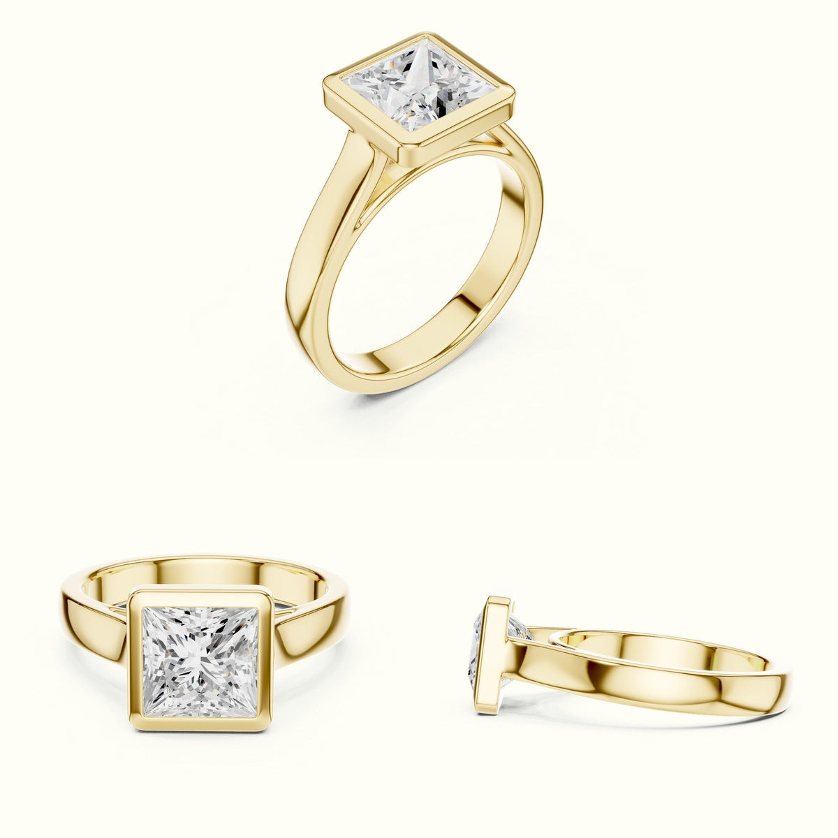 Princess Bezel Solitaire Lab-Grown Diamond Ring — Yellow gold, on the hand | Crystal N Cuts