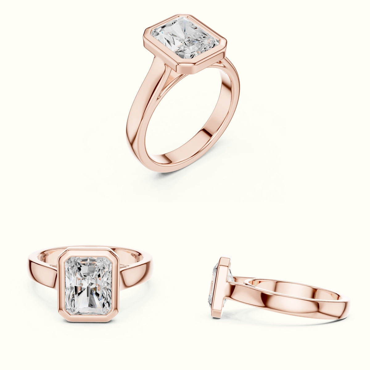 Radiant Bezel Lab-Grown Diamond Solitaire Ring — Rose gold, on the hand | Crystal N Cuts