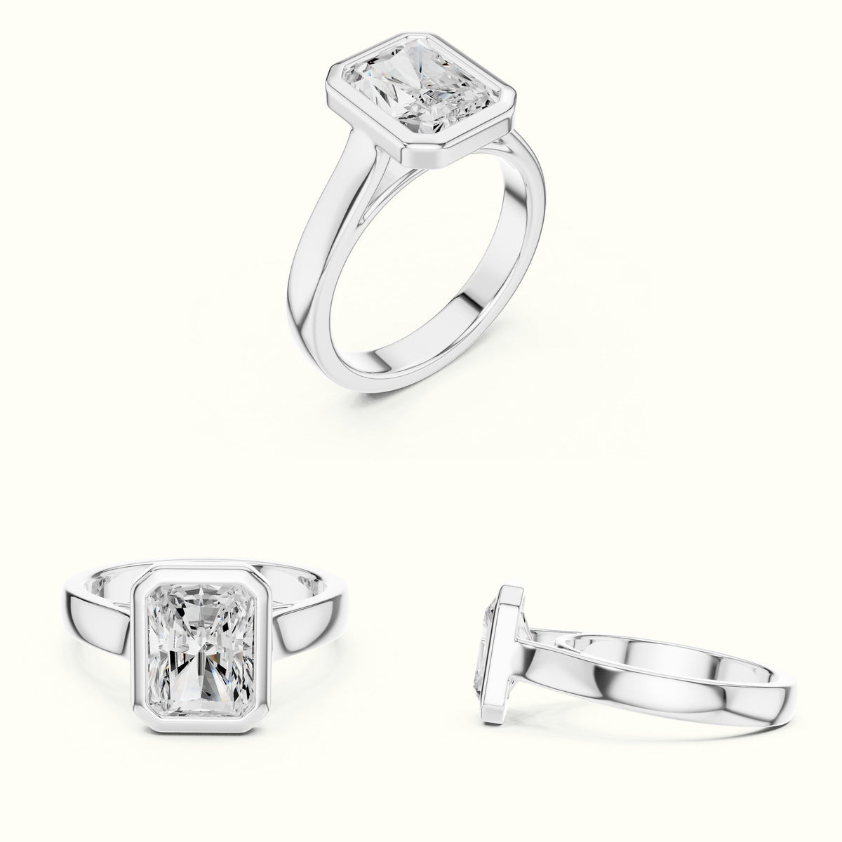 Radiant Bezel Lab-Grown Diamond Solitaire Ring — White gold, on the hand | Crystal N Cuts