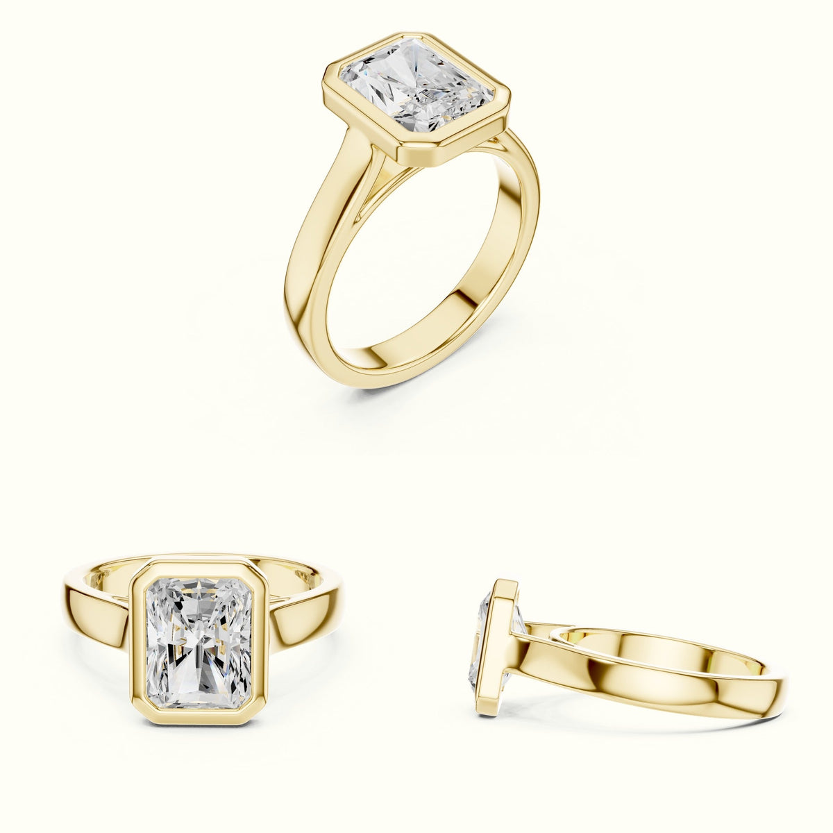 Radiant Bezel Lab-Grown Diamond Solitaire Ring — Yellow gold, on the hand | Crystal N Cuts